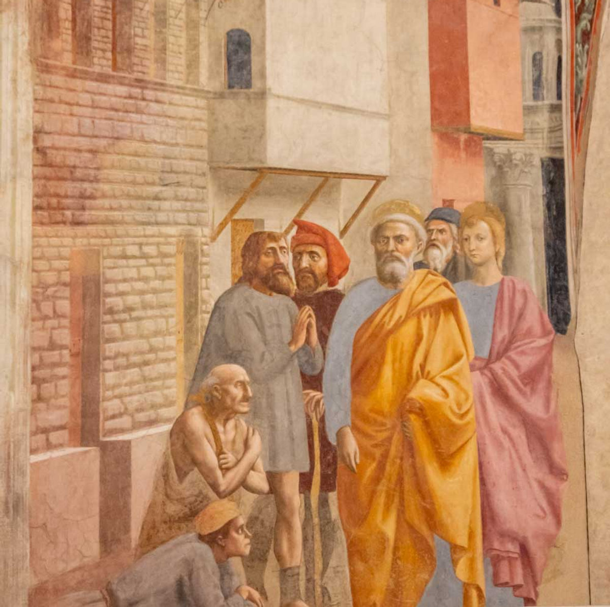 Masaccio's fresco detail showing Saint Peter healing the sick, Brancacci Chapel, Florence