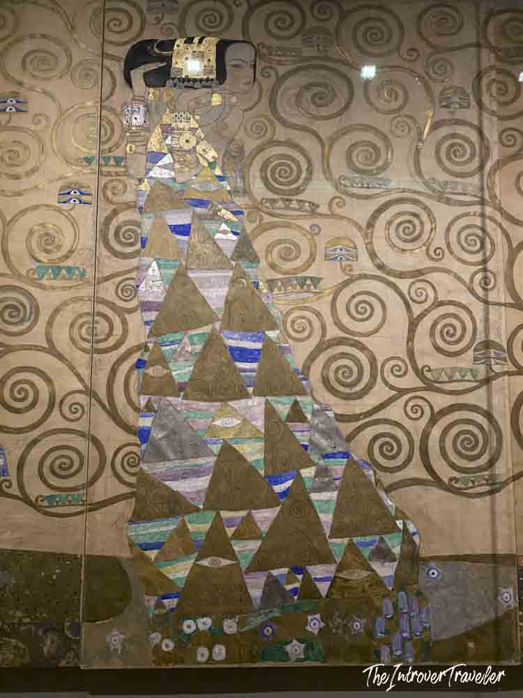 Klimt cartoon for the Stoclet Frieze at MAK Vienna, featuring geometric triangles and golden swirls