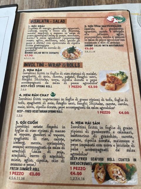 Menu page at Fratelli Vietnam in Bologna showing salads, spring rolls, and fresh summer rolls