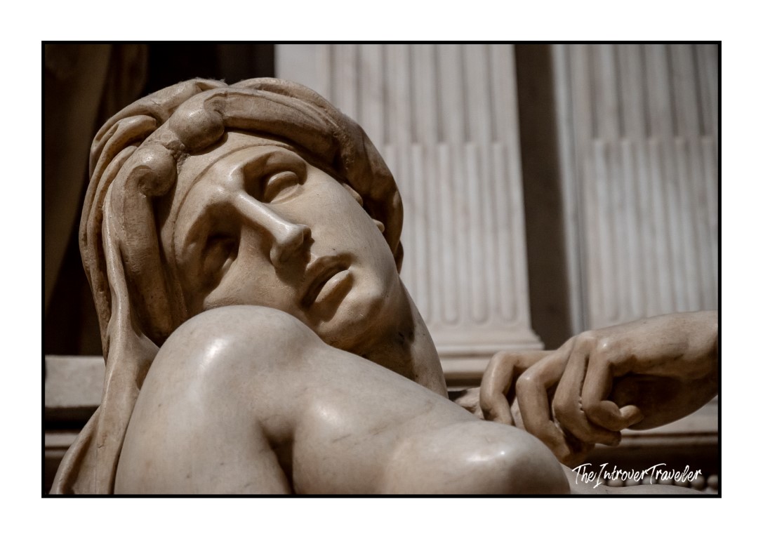 Close-up of Michelangelo's Dawn sculpture, Medici Tombs in Florence's New Sacristy