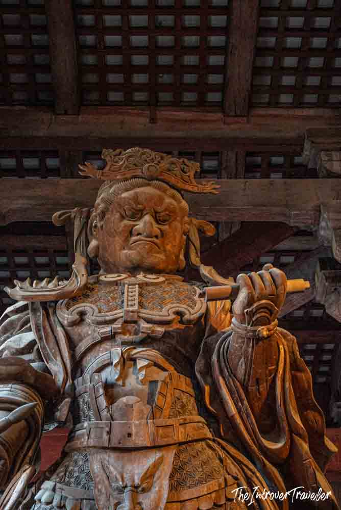 Wooden guardian statue Tamonten inside Todaiji Temple, Nara, Japan