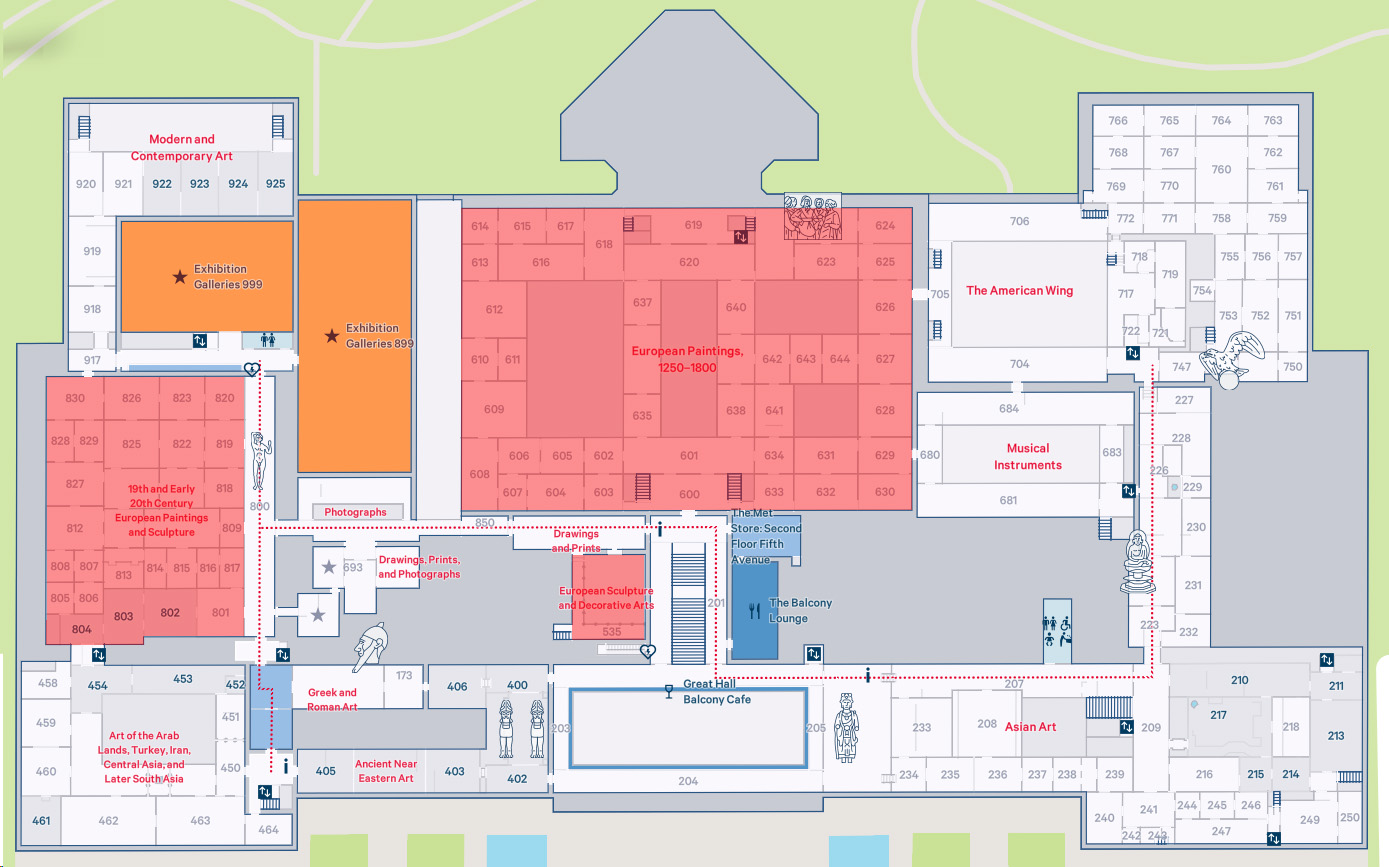 Second floor map of the Metropolitan Museum of Art showing gallery locations and wing names