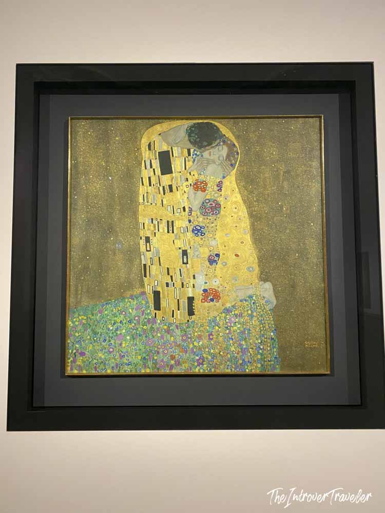 The Kiss by Gustav Klimt, gold leaf masterpiece on display at the Belvedere Museum Vienna