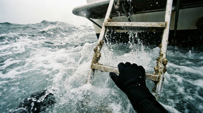 Gloved diver gripping a boat ladder in rough seas, illustrating the danger of re-boarding after a dive