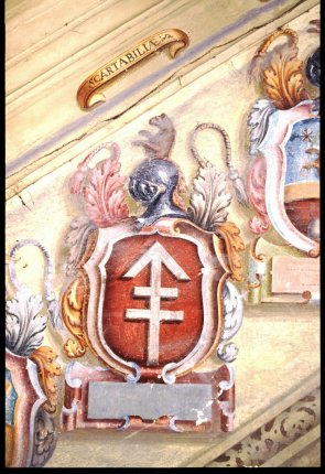 Painted heraldic coat of arms with double cross, Archiginnasio Palace Bologna decorative walls