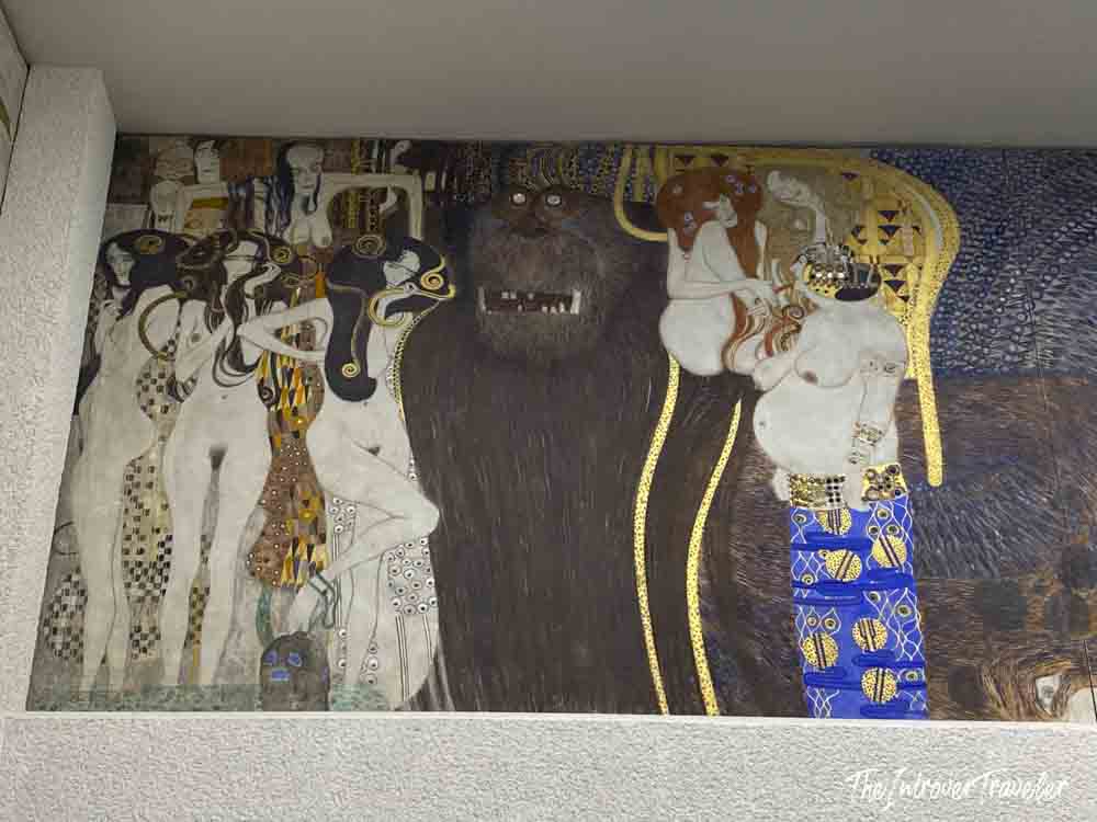Beethoven Frieze by Gustav Klimt showing hostile forces, displayed inside the Vienna Secession Building