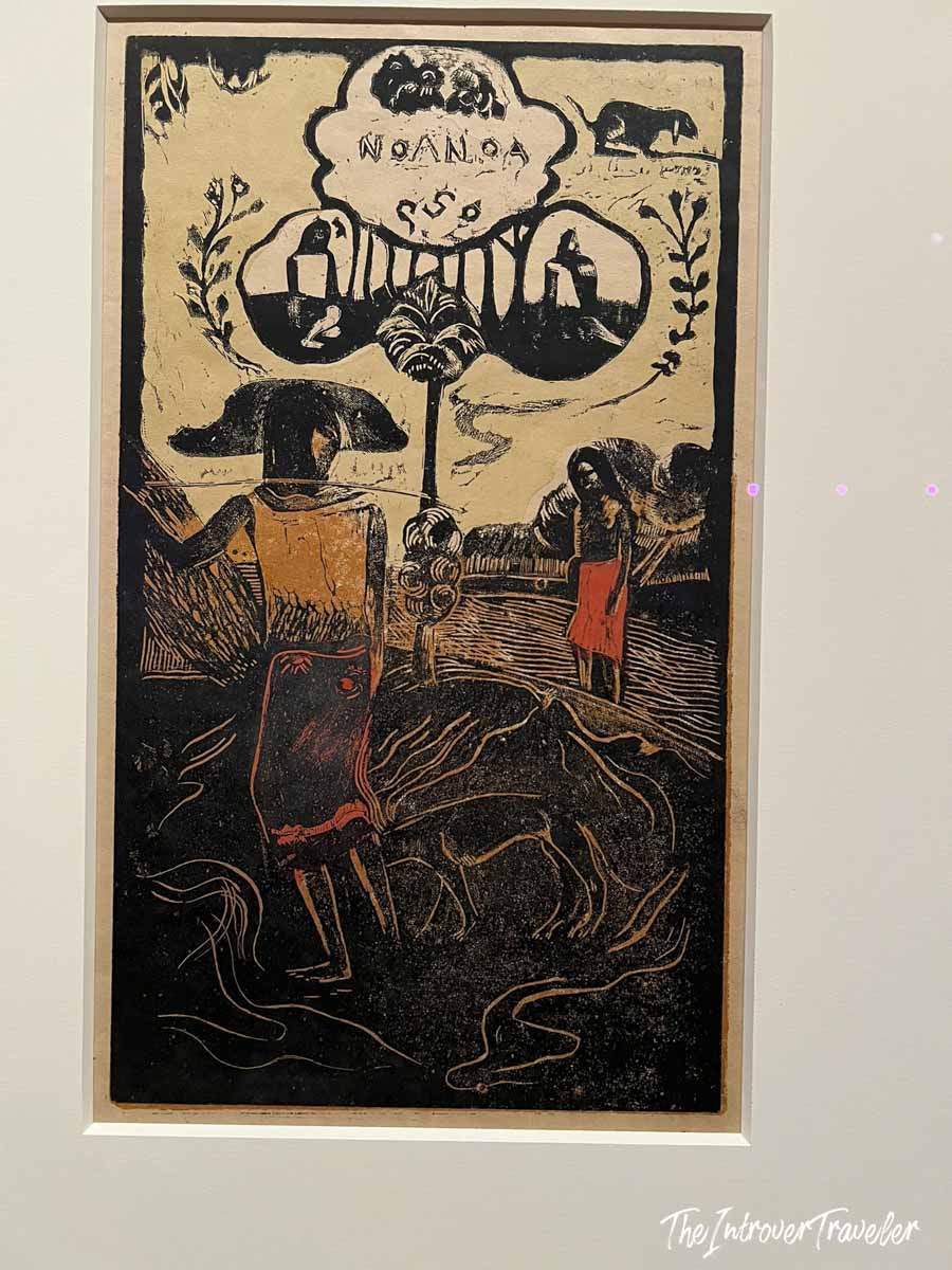 Noa Noa woodcut print by Paul Gauguin, displayed at MoMA New York near Van Gogh's Starry Night