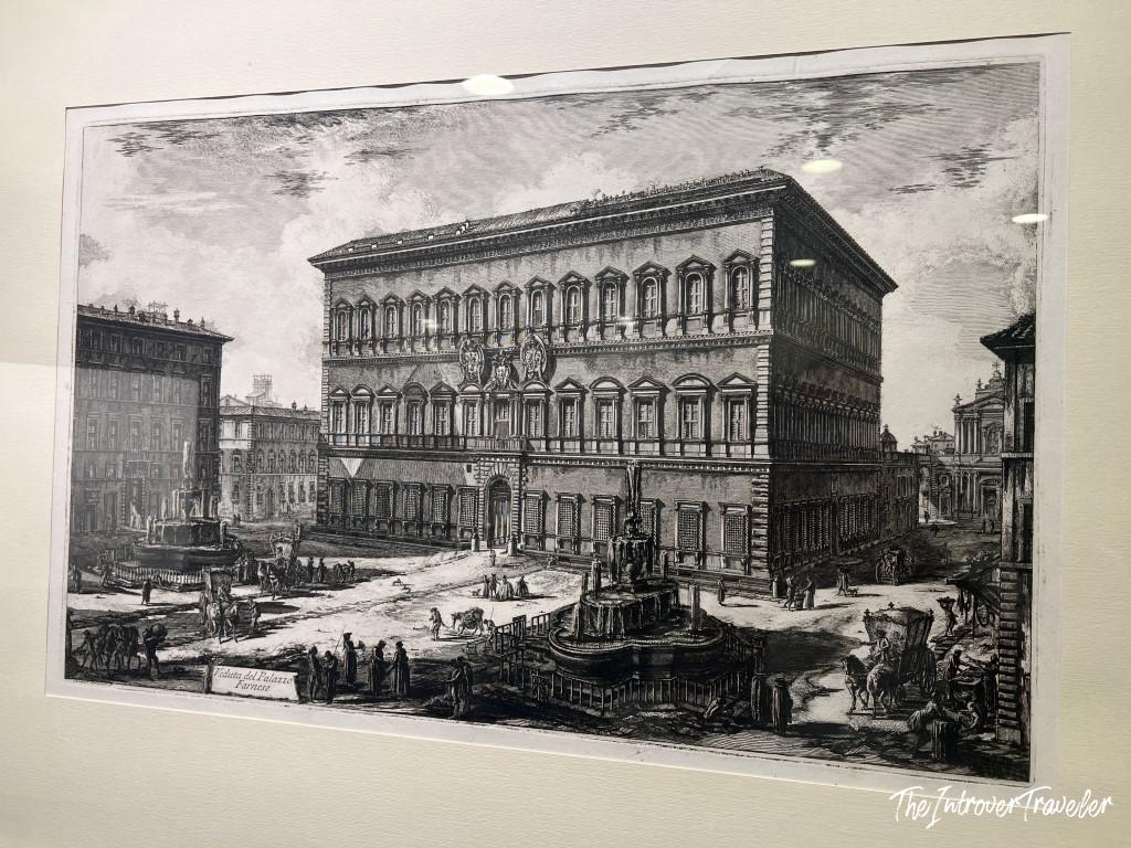 Piranesi etching Veduta del Palazzo Farnese, displayed in the Piranesi Lounge at Milan Linate airport