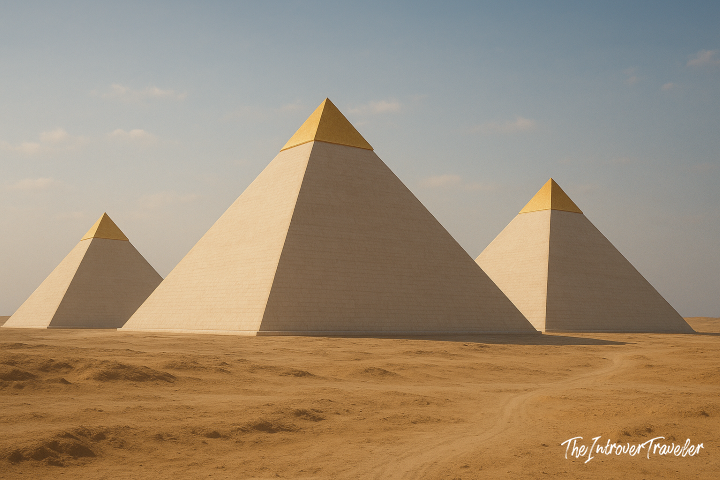 Three Giza pyramids with golden capstones restored, showing their likely original appearance in ancient times