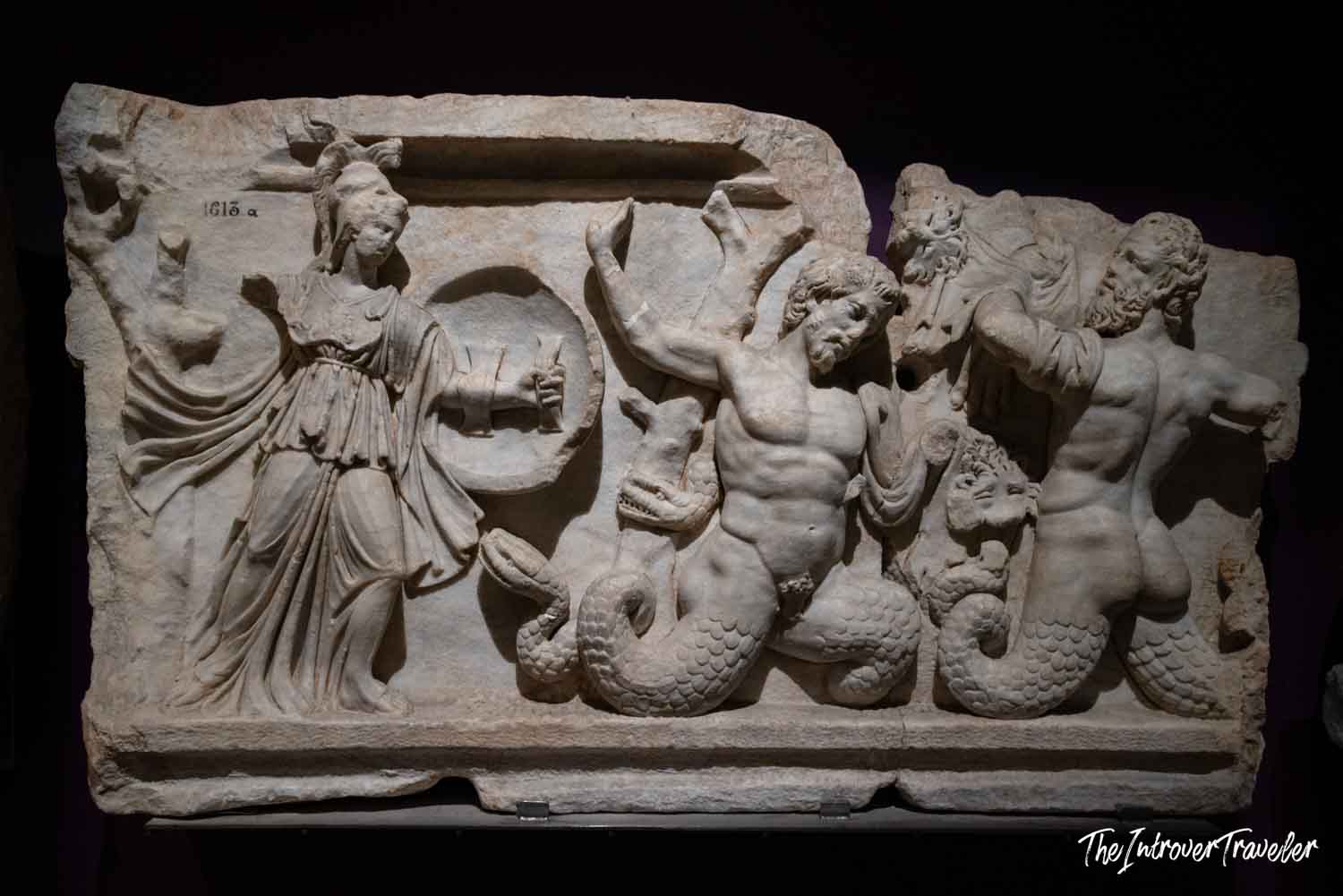Ancient Roman marble sarcophagus relief with Athena, Triton, and sea creatures, Istanbul Archaeological Museum