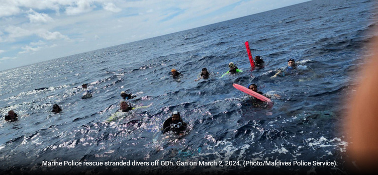 Maldives Marine Police rescuing stranded scuba divers adrift off GDh. Gan in March 2024