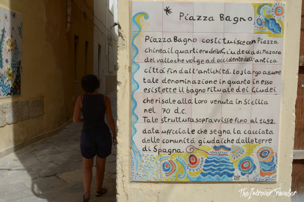 Colorful tiled sign for Piazza Bagno in the Jewish quarter of Mazara del Vallo, Sicily