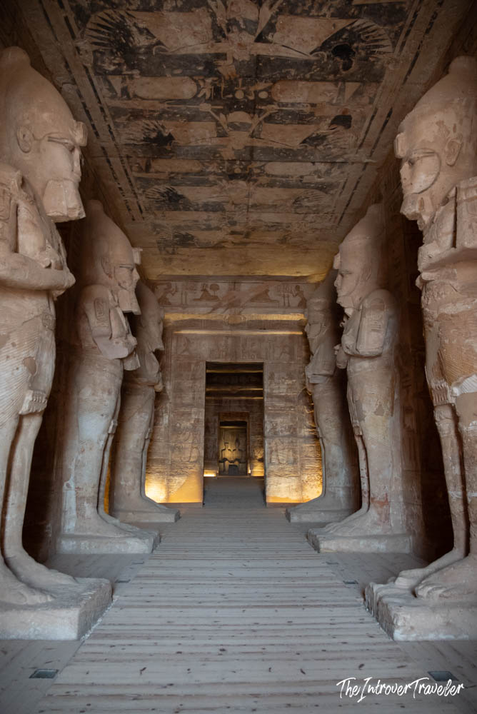 Interior hypostyle hall of Abu Simbel temple, with Osiride statues of Ramesses II lining the central aisle