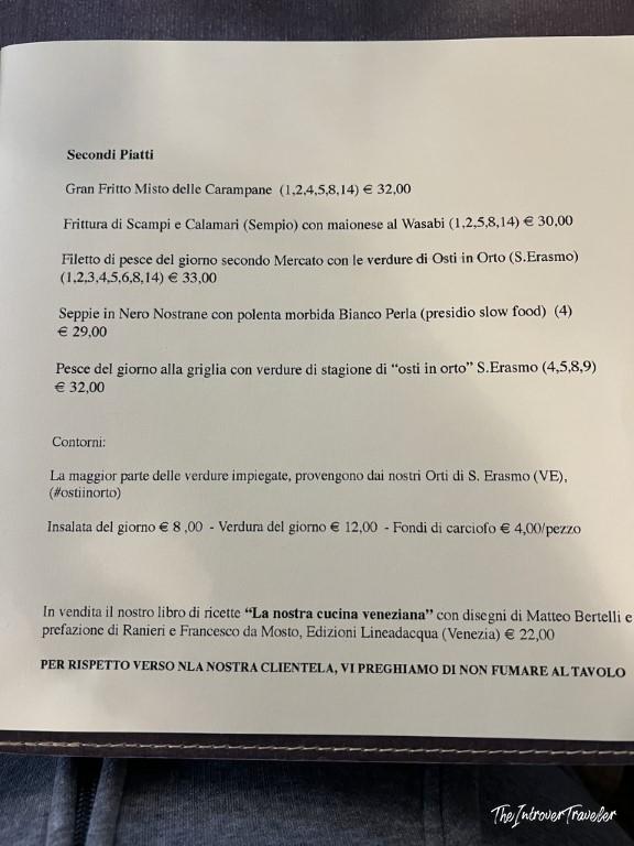 Le Antiche Carampane Venice menu showing Secondi Piatti seafood dishes and prices in euros