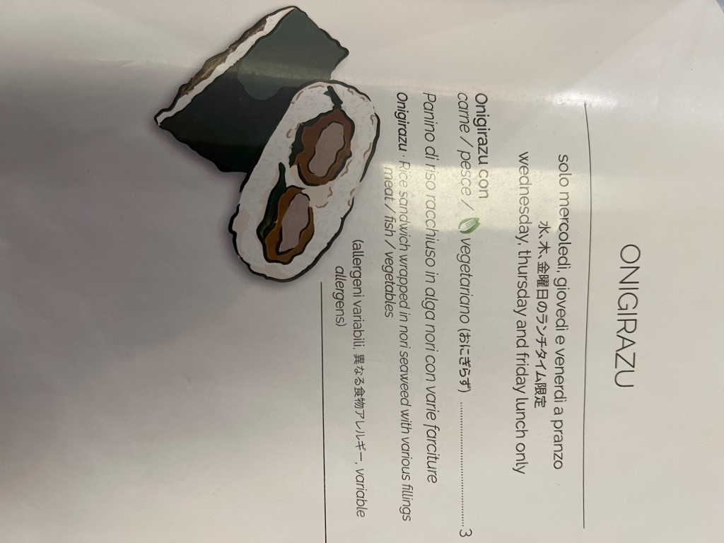 Onigirazu menu at Yuzuya Bologna, a nori-wrapped rice sandwich served at lunch Wednesday to Friday