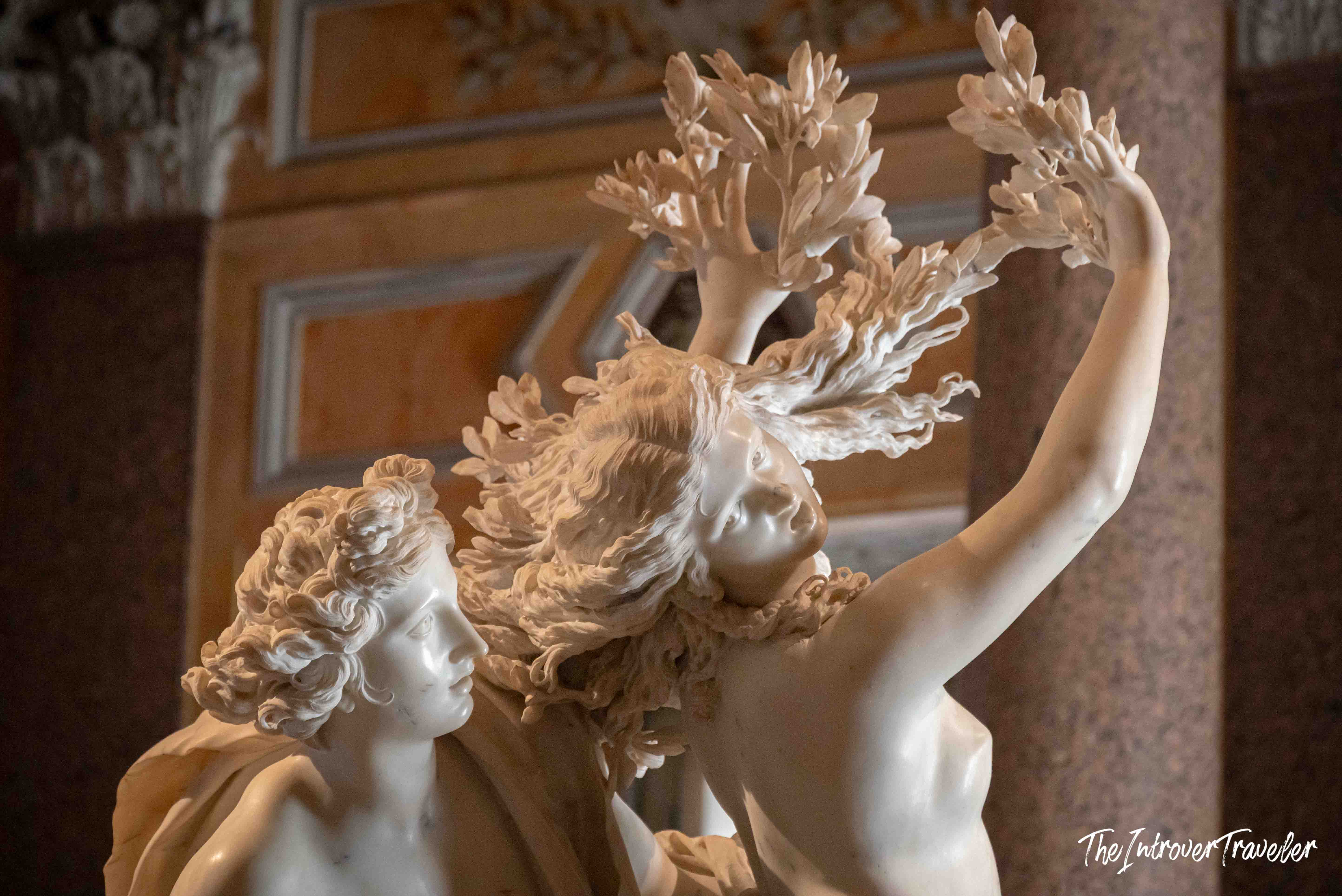 Close-up of Bernini's Apollo and Daphne, showing Daphne transforming into a laurel tree, Borghese Gallery Rome