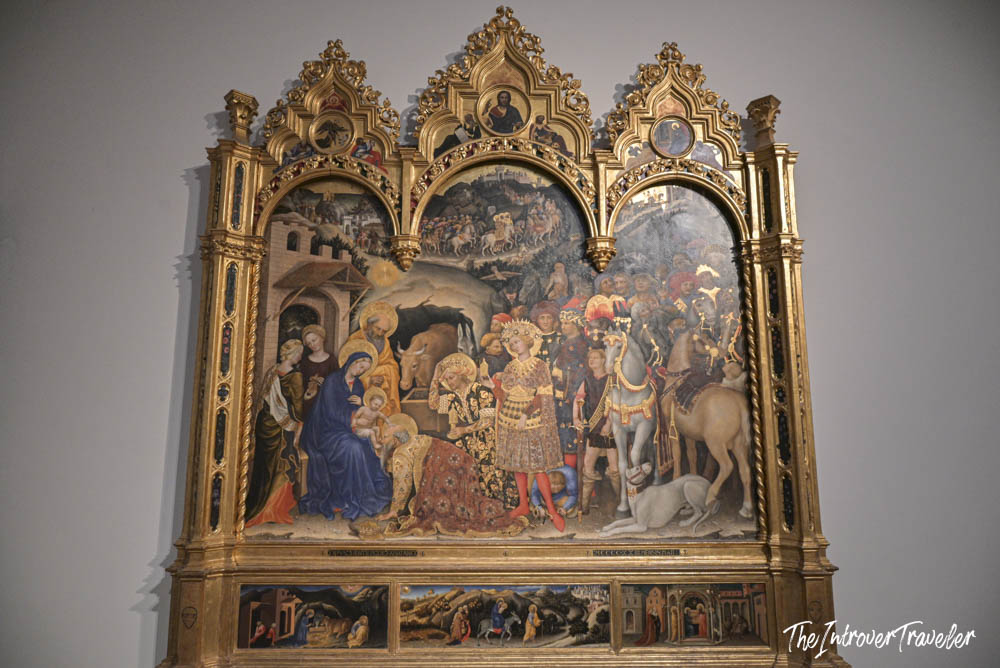 Adoration of the Magi by Gentile da Fabriano, gilded Gothic altarpiece at the Uffizi Gallery Florence