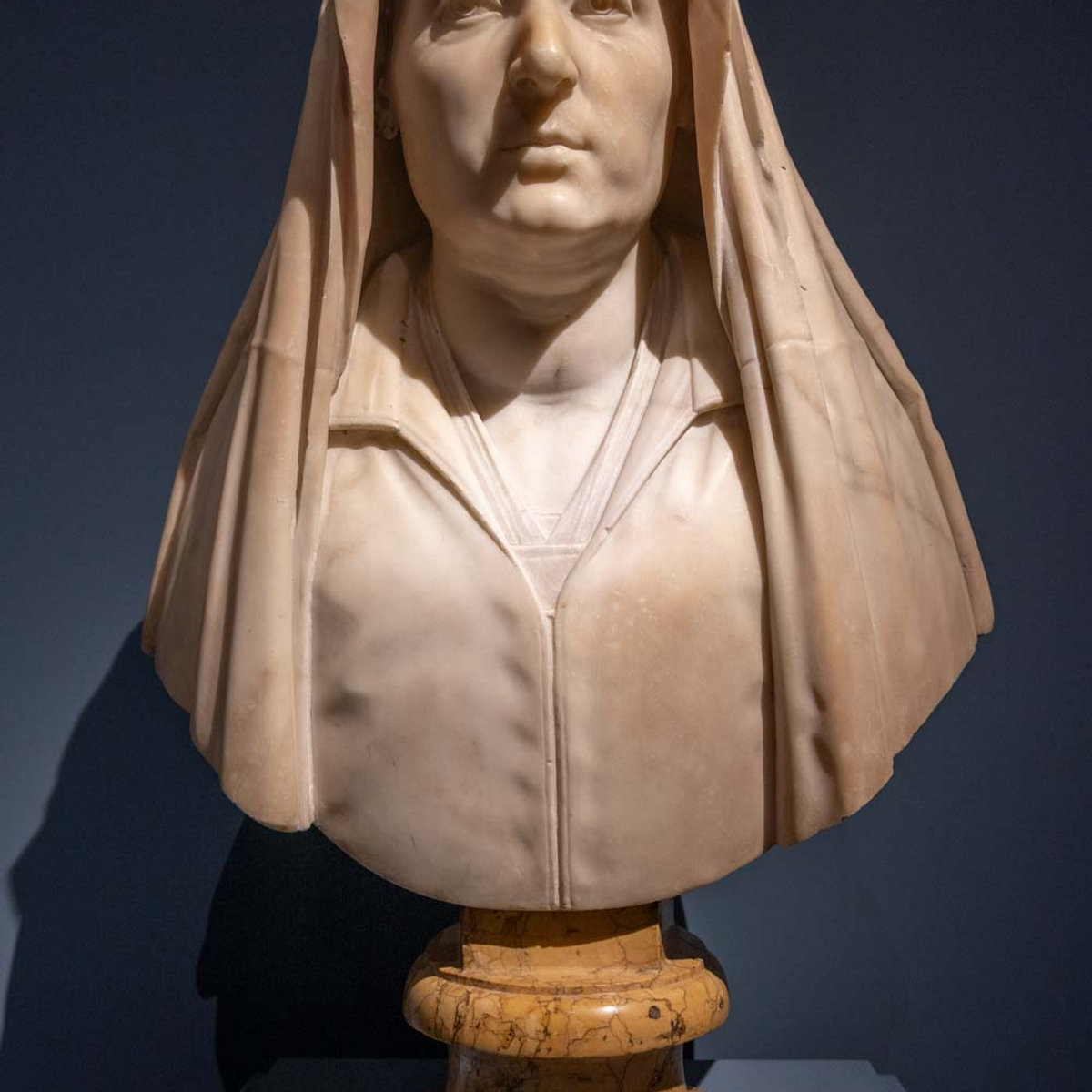 Marble bust of a veiled nun on display at the Bernini and Barberinis exhibition, Palazzo Barberini