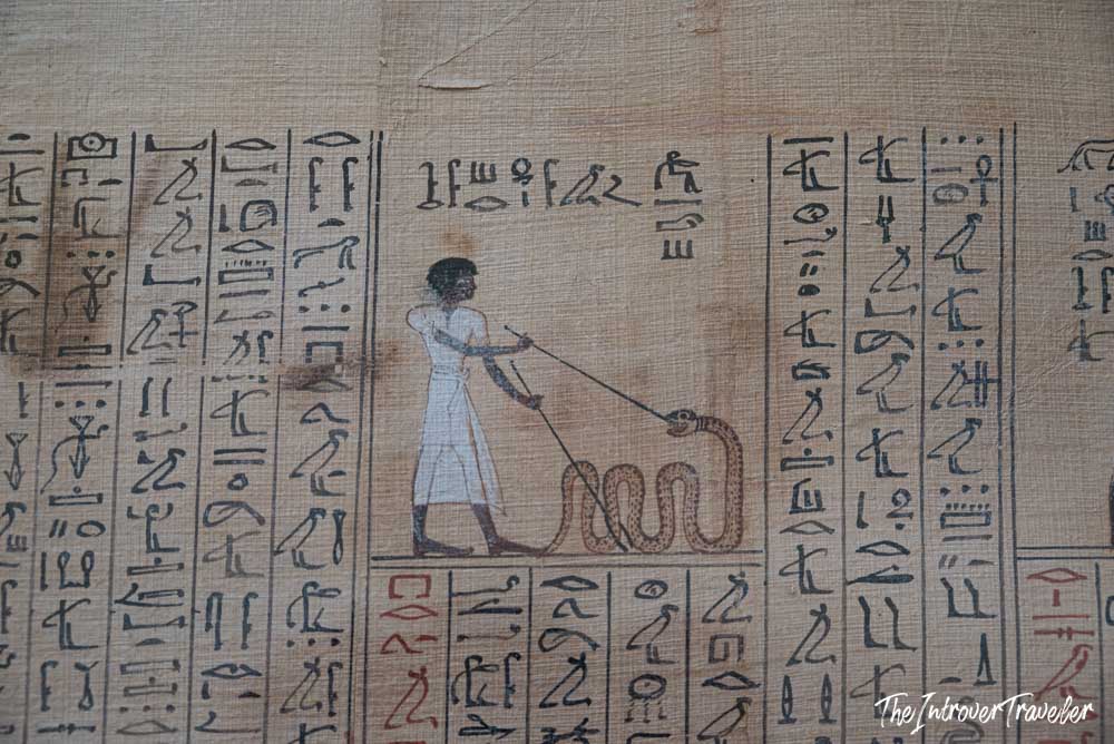 Ancient Egyptian papyrus scroll with hieroglyphs and a figure spearing a serpent, Egyptian Museum Cairo