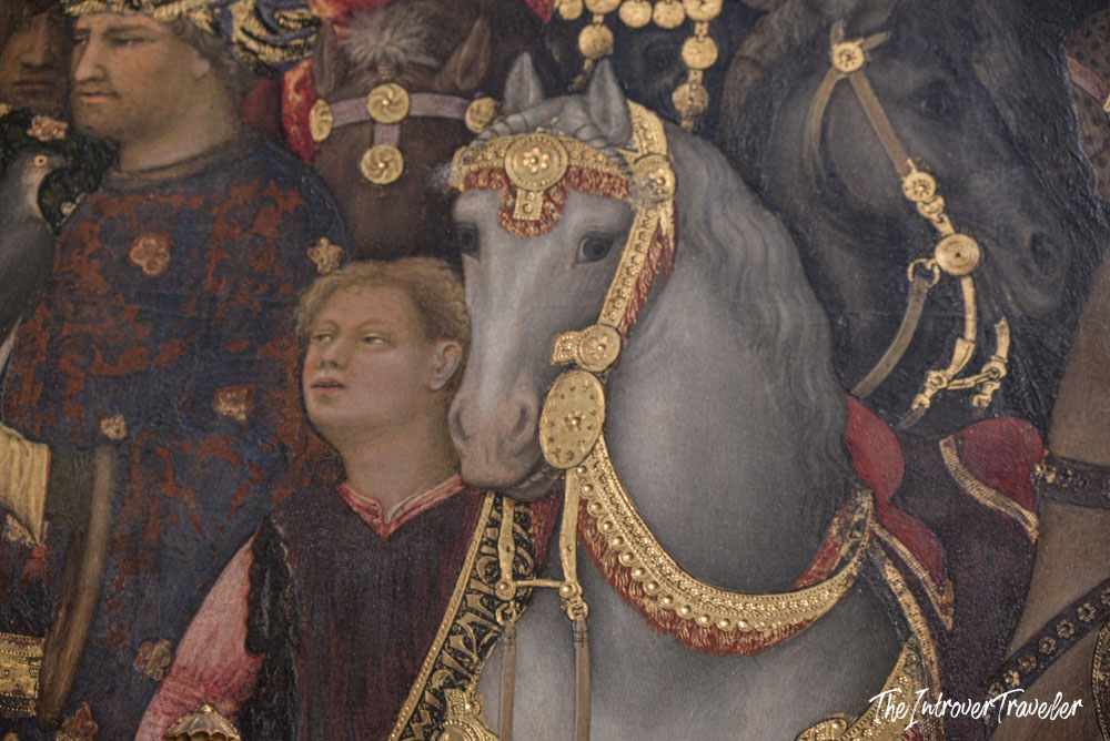Close-up of a gold-bridled white horse in the Procession of the Magi by Benozzo Gozzoli, Uffizi Gallery Florence