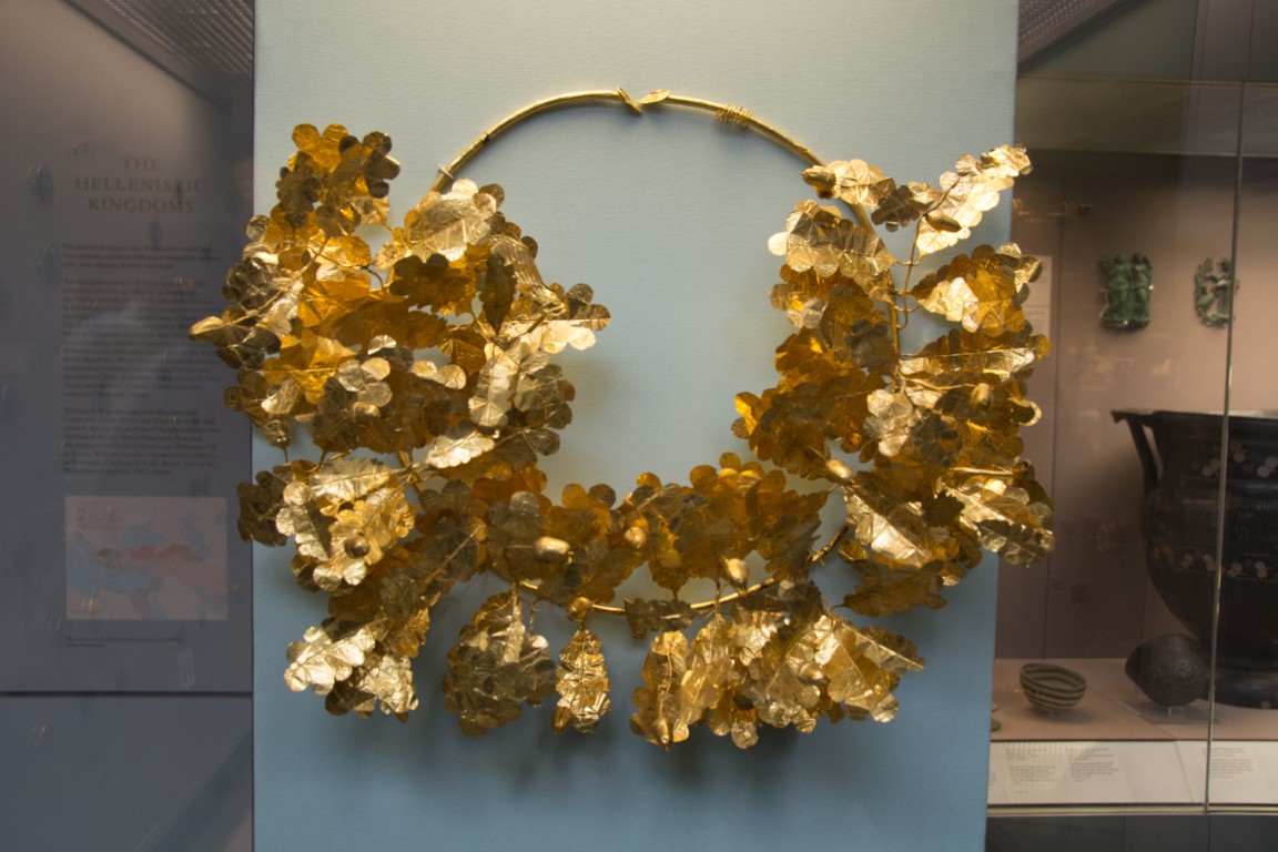 Ancient Greek gold oak wreath on display in the Hellenistic Kingdoms gallery, British Museum London