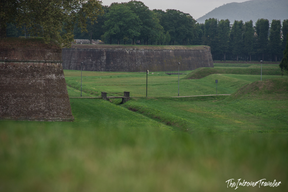 Lucca's Renaissance city walls with green ramparts, moat, and bastions in Tuscany