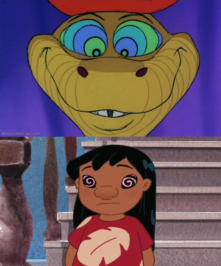 Kaa hypnotizing Lilo in Disney animation, eyes swirling, illustrating trance or manipulation concepts