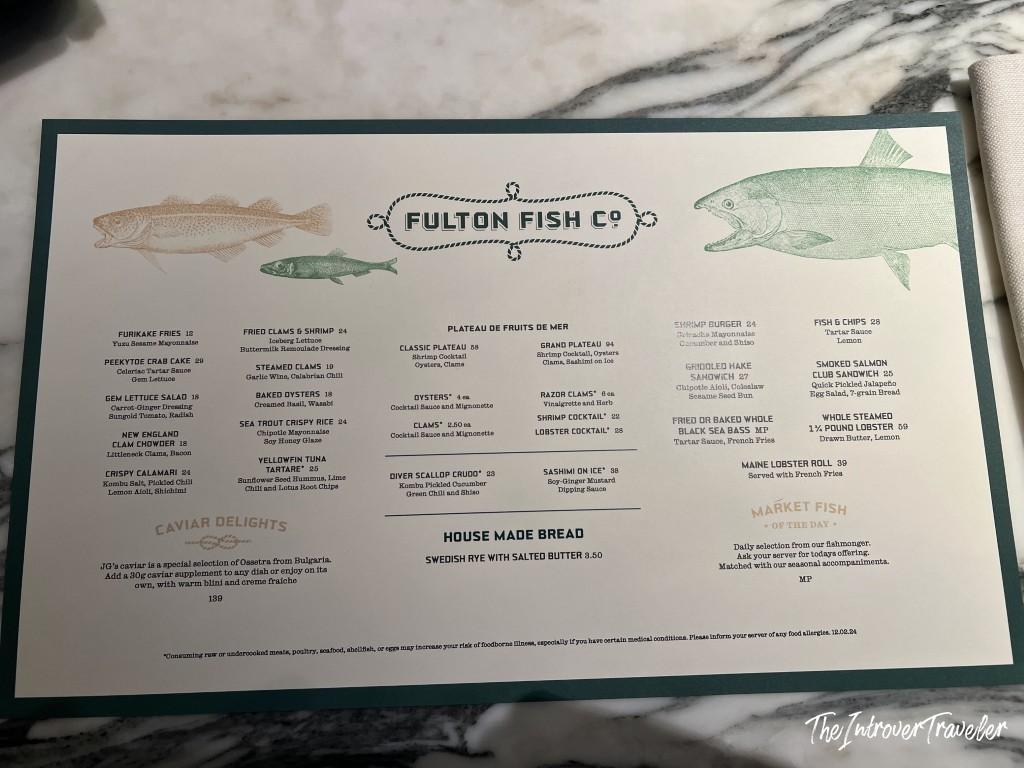 Fulton Fish Co restaurant menu featuring seafood dishes, plateaus, and caviar delights at Pier 17 New York