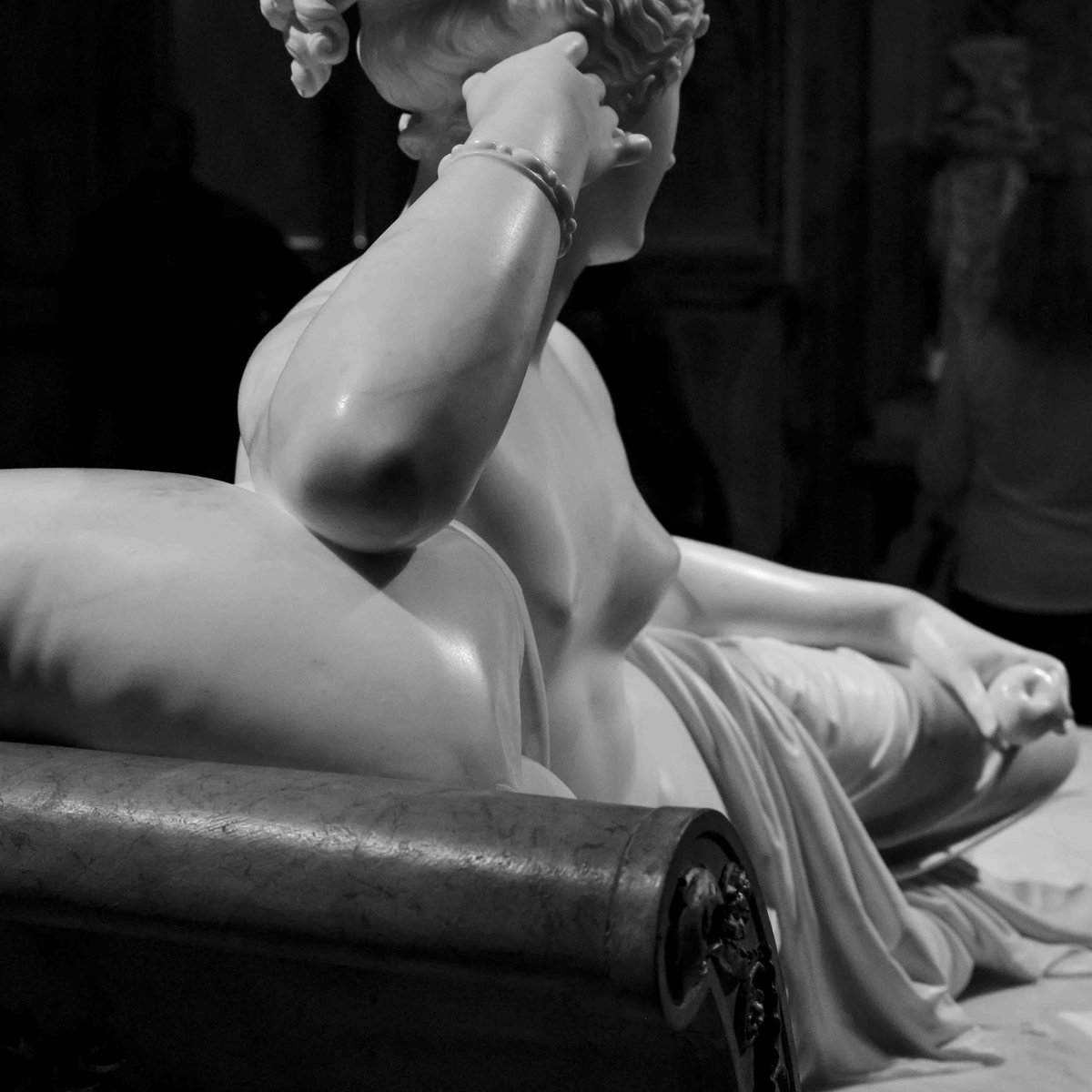 Close-up of Canova's Pauline Borghese as Venus Victrix, reclining marble figure at Galleria Borghese