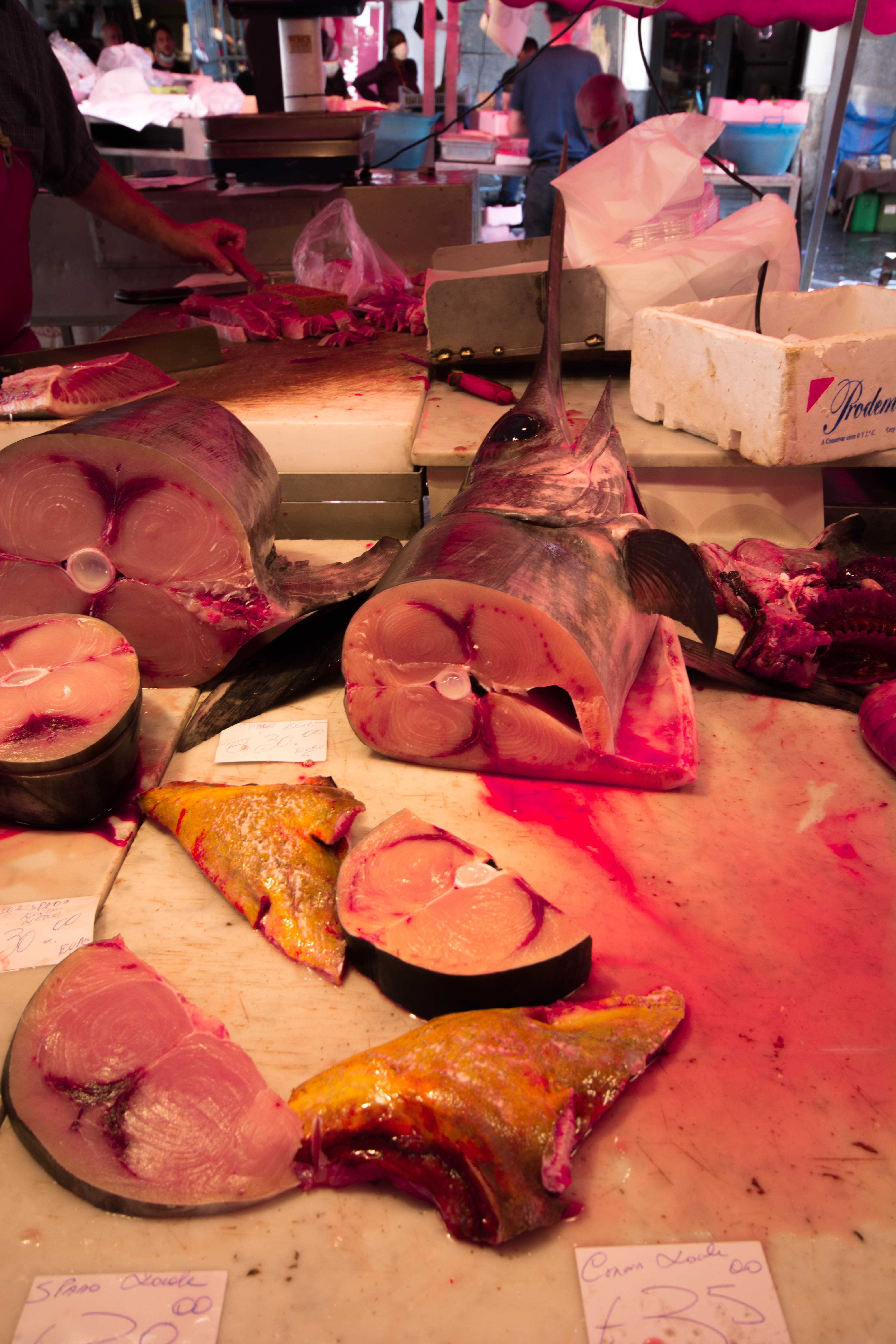 Fresh swordfish and tuna cuts displayed at Catania's La Pescheria fish market, Sicily