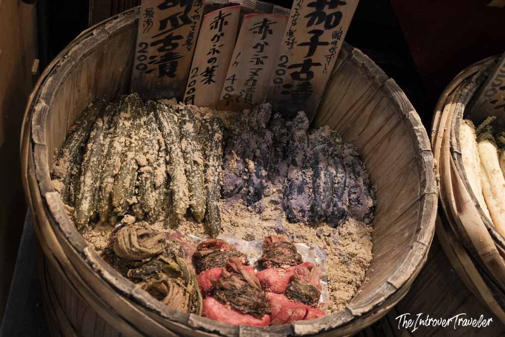 Wooden barrel of traditional Japanese tsukemono pickles at Nishiki Market, Kyoto