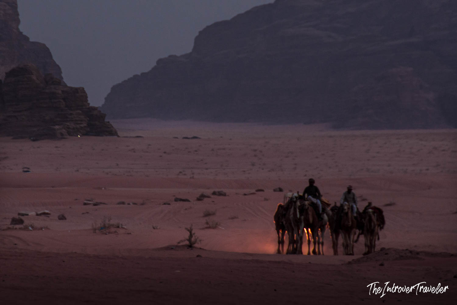 Bedouin camel caravan crossing Wadi Rum desert at dusk, with sandstone cliffs looming behind