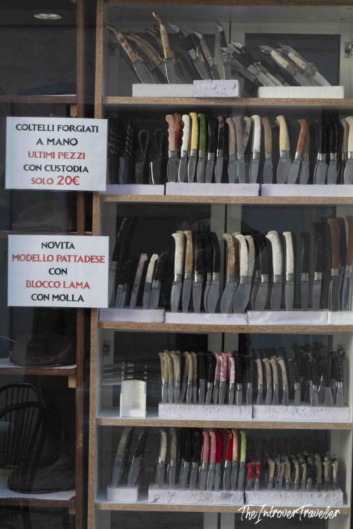 Sardinian shop display of handforged Pattadese knives, a traditional craft of Orgosolo, Sardinia