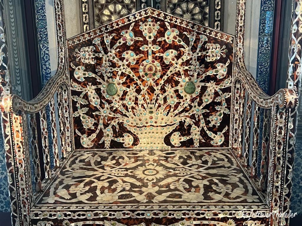 Jewel-encrusted Ottoman throne at Topkapi Palace, Istanbul, inlaid with tortoiseshell and gemstones