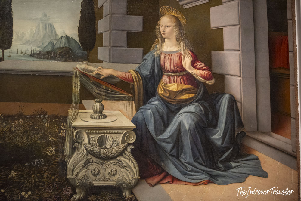 Virgin Mary detail from Leonardo da Vinci's Annunciation, on display at the Uffizi Gallery Florence