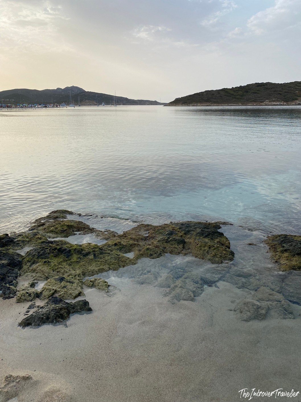 Calm crystal-clear waters and mossy rocks at Simius Beach, Villasimius, south Sardinia