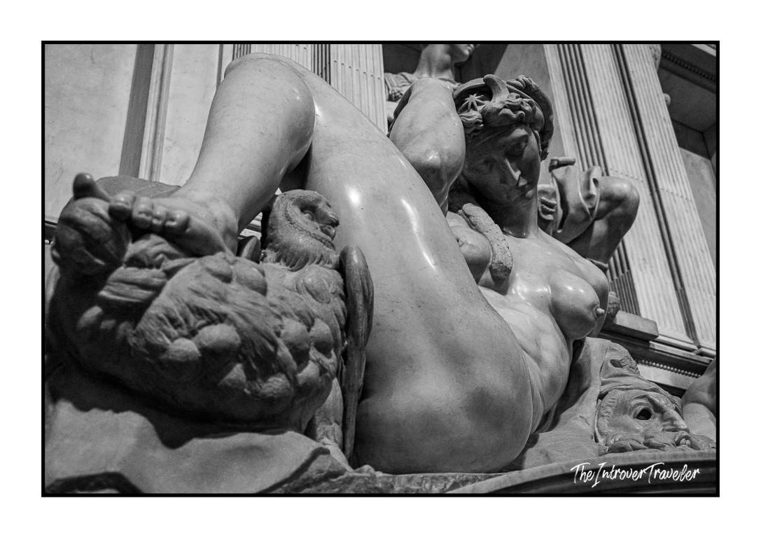 Close-up of Michelangelo's reclining figure Night on the Medici Tombs, New Sacristy, Florence