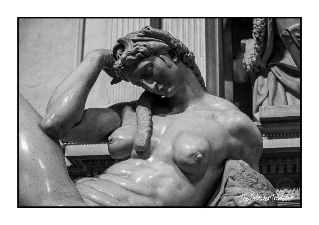 Close-up of Michelangelo's Night sculpture, Medici Tombs, New Sacristy, Florence