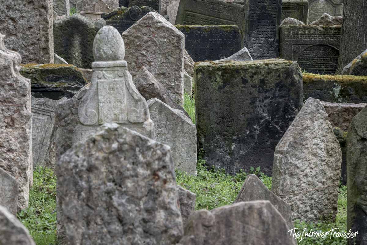 Densely packed ancient gravestones at the Old Jewish Cemetery in Prague, Josefov quarter