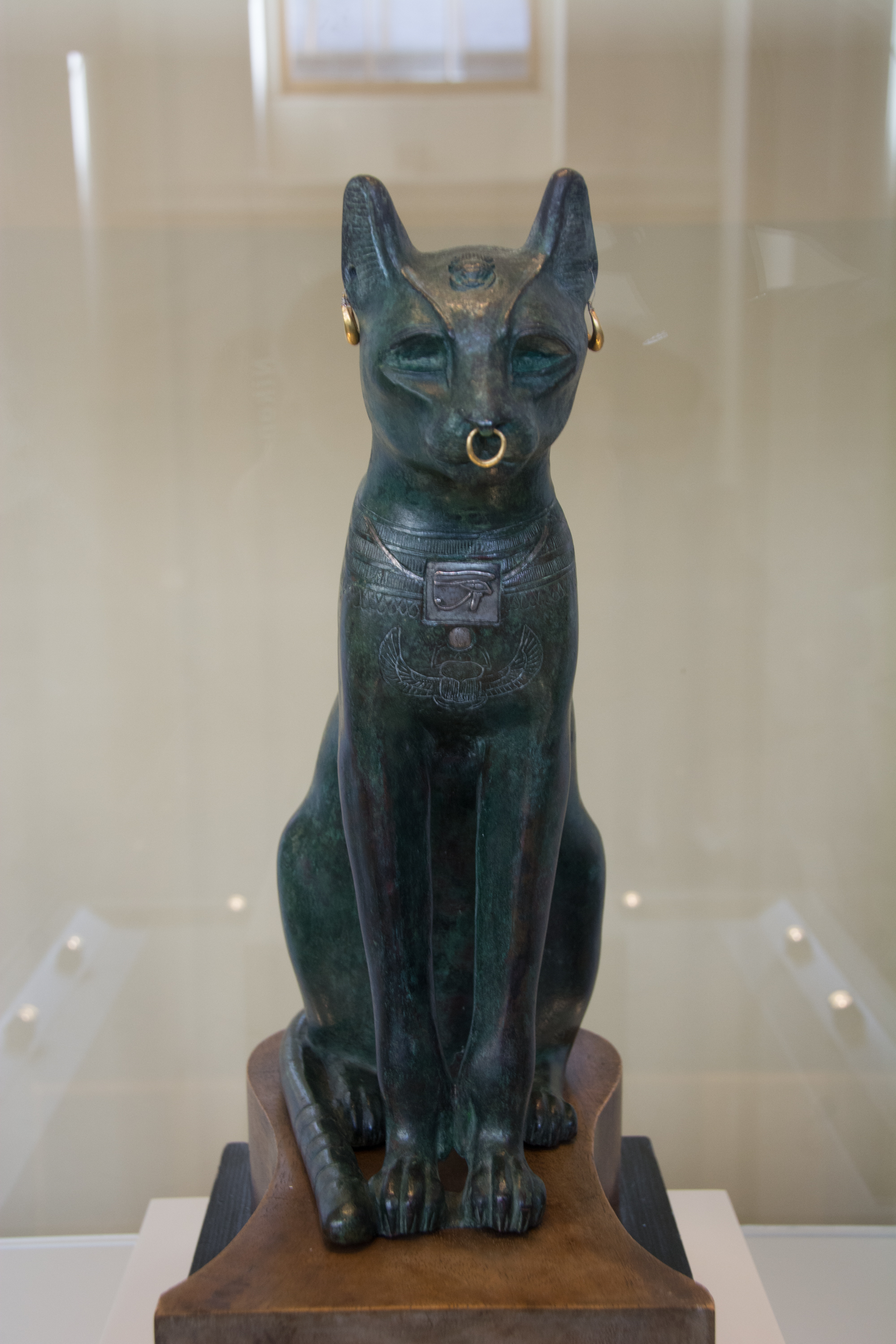 Bronze Gayer-Anderson Cat, ancient Egyptian Bastet statue with Eye of Horus collar, British Museum London