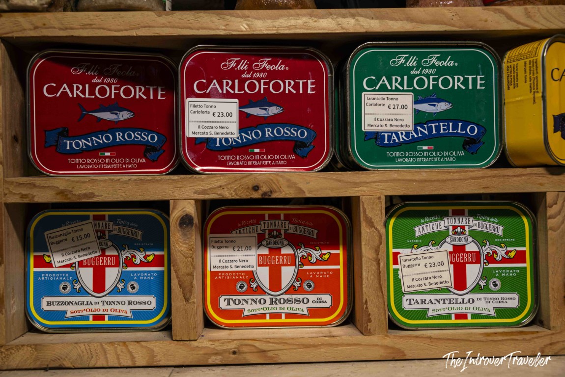Sardinian canned tuna tins by Carloforte and Buggerru sold at Il Cozzaro Nero market