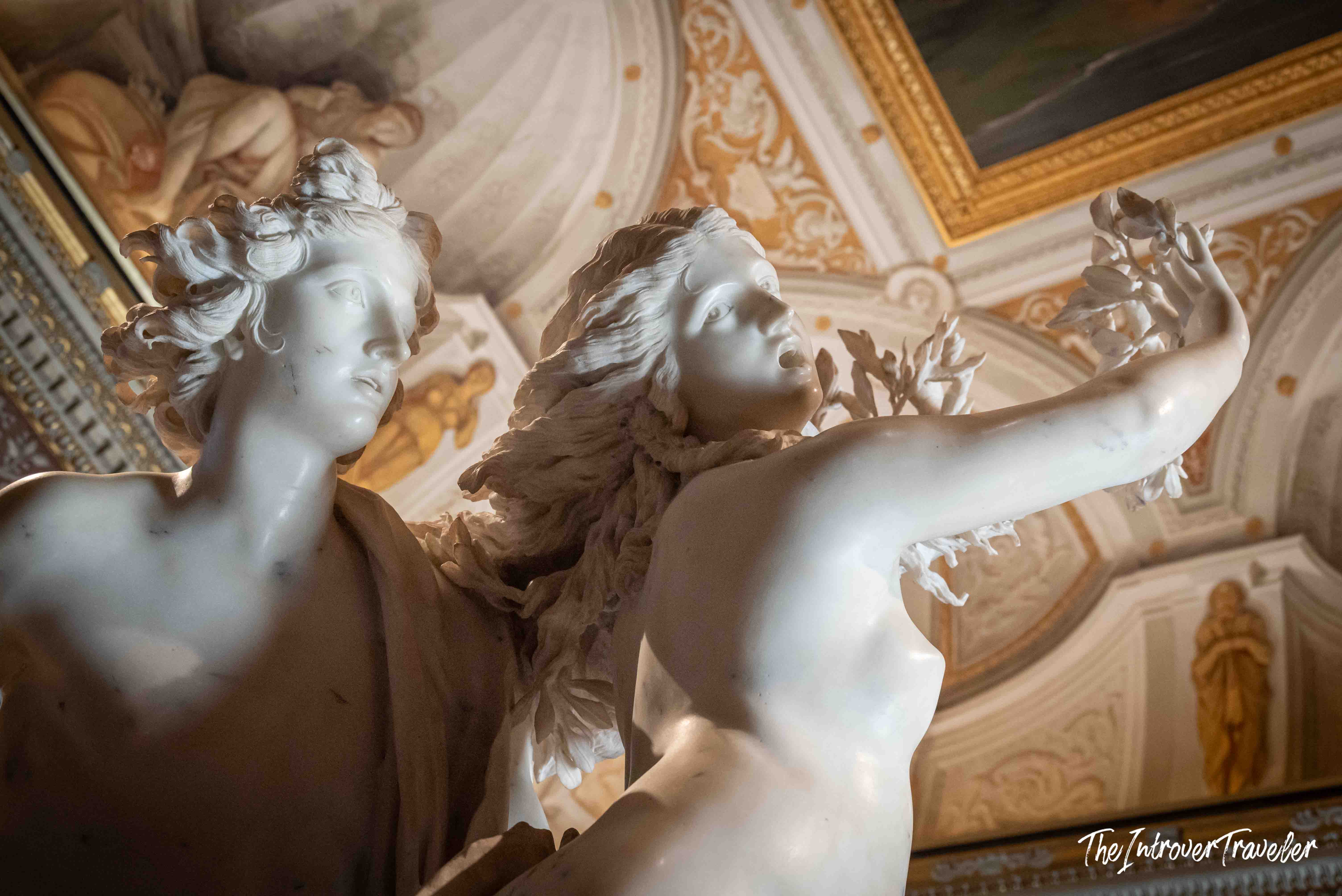 Close-up of Bernini's Apollo and Daphne at Borghese Gallery, capturing Daphne's transformation into laurel
