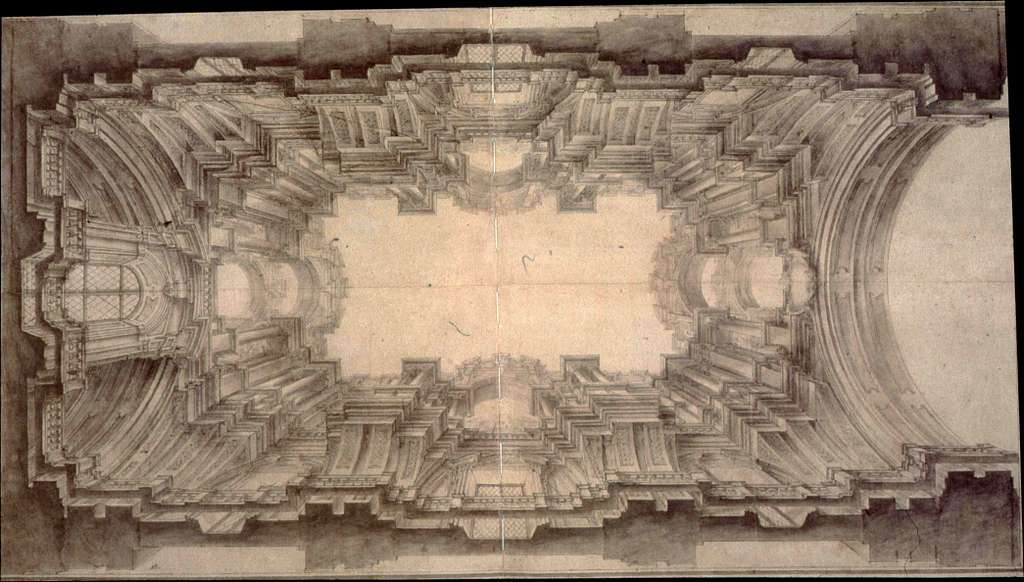 Architectural drawing of Sant'Ignazio ceiling by Andrea Pozzo, showing baroque vault perspective design