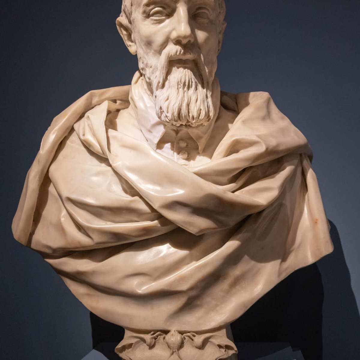 Bernini marble bust of a bearded man, on display at the Palazzo Barberini Baroque exhibition