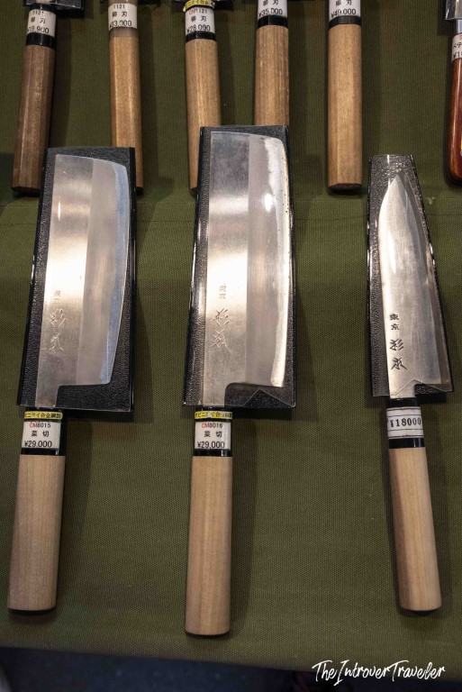 Traditional Japanese knives for sale at Tsukiji market Tokyo, priced from 18,000 to 29,000 yen
