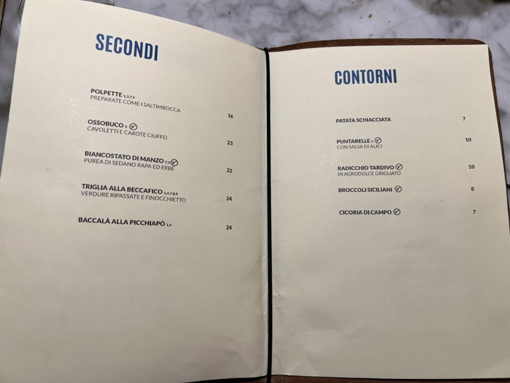 Secondi and Contorni menu pages at Osteria La Quercia, Rome, featuring baccalà and triglia alla beccafico
