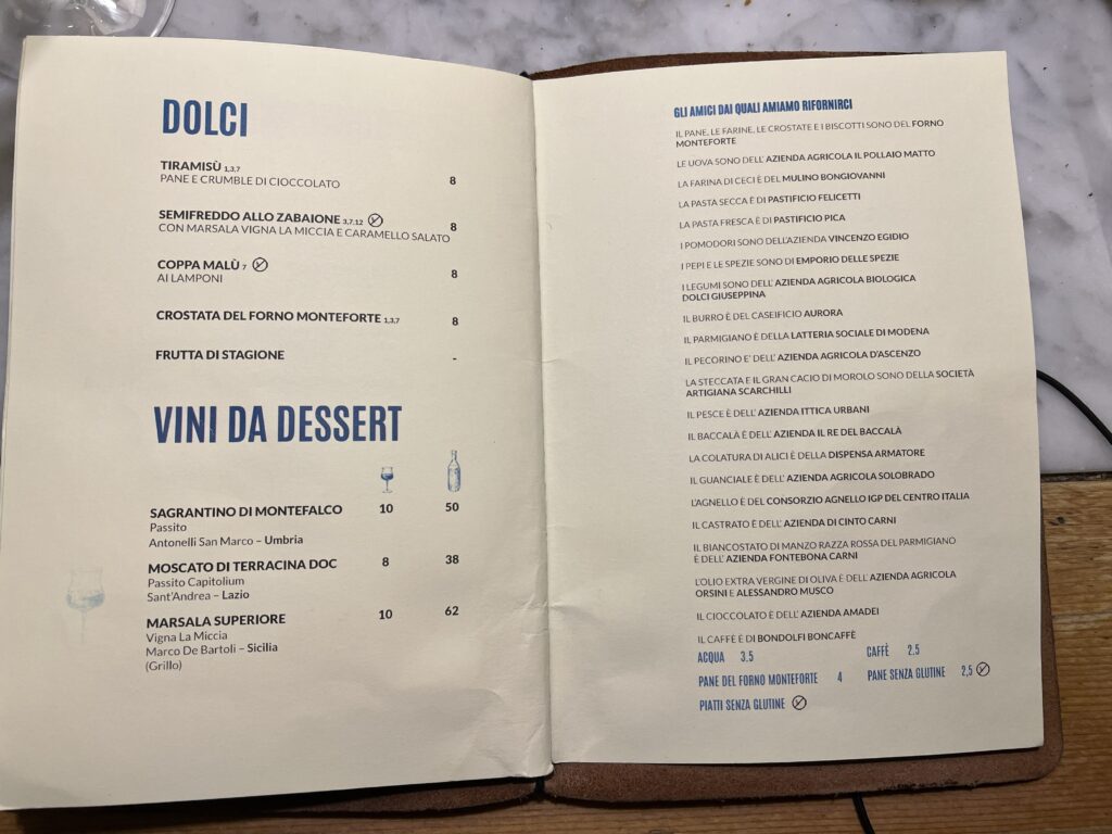 Dessert and wine menu at Osteria La Quercia Rome, listing Dolci and Vini da Dessert sections