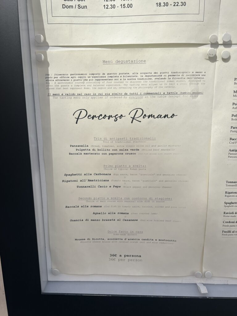 Percorso Romano tasting menu at Hosteria Grappolo d'Oro, Rome, priced at 36 euros per person
