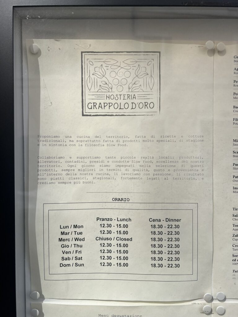 Hosteria Grappolo d'Oro menu board showing opening hours for lunch and dinner in Rome