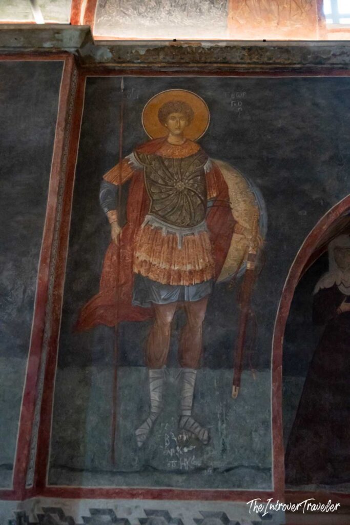Byzantine fresco of Saint George with halo, spear, and shield inside Chora Church, Istanbul